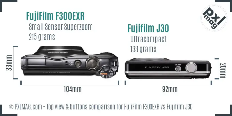 FujiFilm F300EXR vs Fujifilm J30 top view buttons comparison