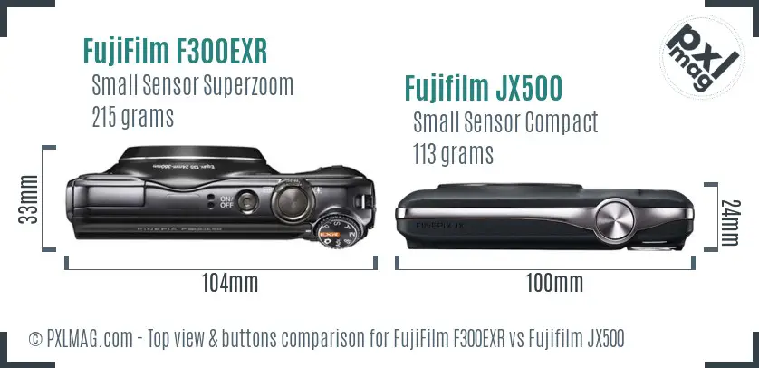 FujiFilm F300EXR vs Fujifilm JX500 top view buttons comparison FujiFilm F300EXR vs Fujifilm JX500 top view buttons comparison