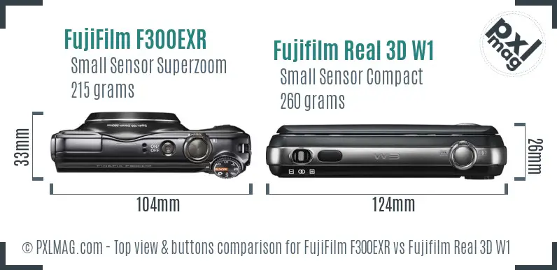 FujiFilm F300EXR vs Fujifilm Real 3D W1 top view buttons comparison