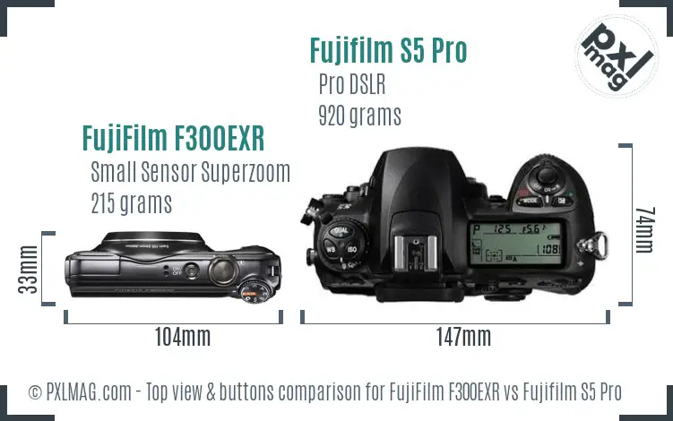 FujiFilm F300EXR vs Fujifilm S5 Pro top view buttons comparison