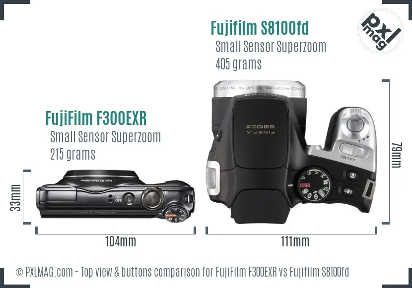 FujiFilm F300EXR vs Fujifilm S8100fd top view buttons comparison