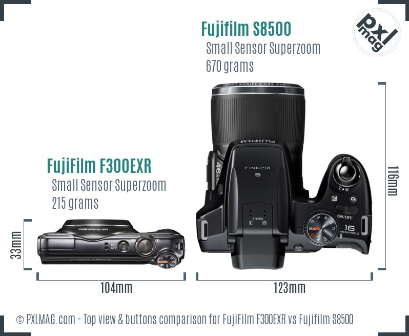 FujiFilm F300EXR vs Fujifilm S8500 top view buttons comparison