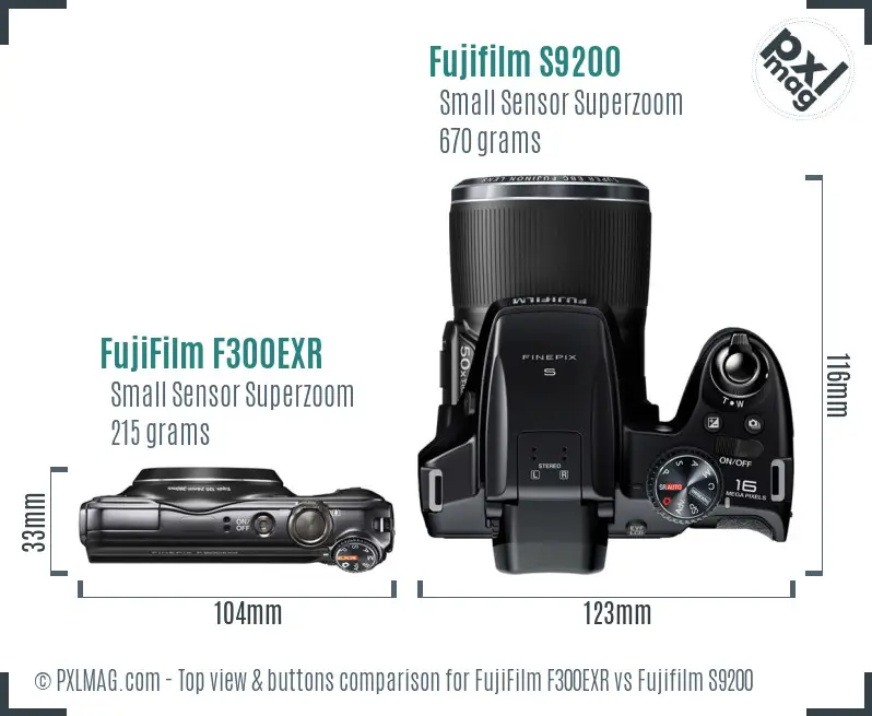 FujiFilm F300EXR vs Fujifilm S9200 top view buttons comparison