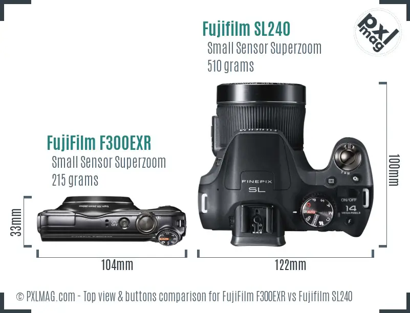 FujiFilm F300EXR vs Fujifilm SL240 top view buttons comparison