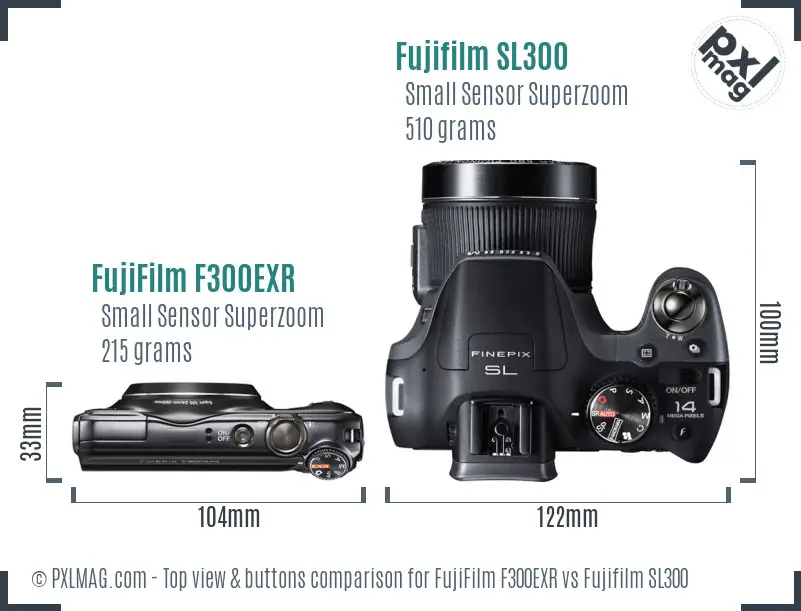 FujiFilm F300EXR vs Fujifilm SL300 top view buttons comparison