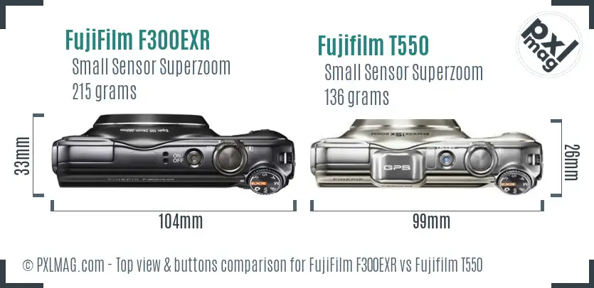 FujiFilm F300EXR vs Fujifilm T550 top view buttons comparison