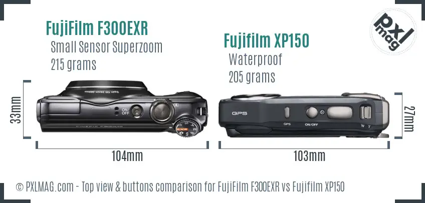 FujiFilm F300EXR vs Fujifilm XP150 top view buttons comparison