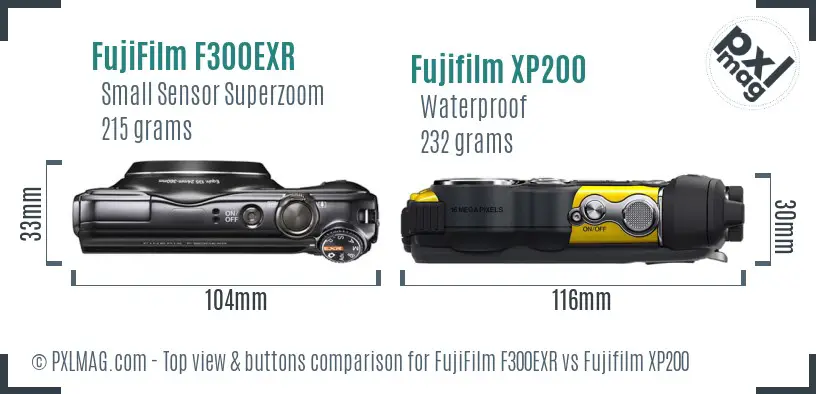 FujiFilm F300EXR vs Fujifilm XP200 top view buttons comparison