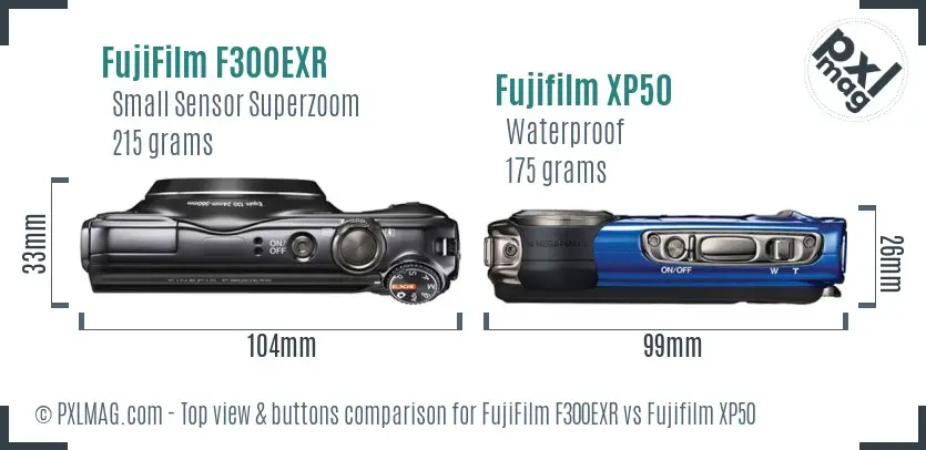 FujiFilm F300EXR vs Fujifilm XP50 top view buttons comparison