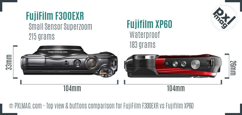 FujiFilm F300EXR vs Fujifilm XP60 top view buttons comparison