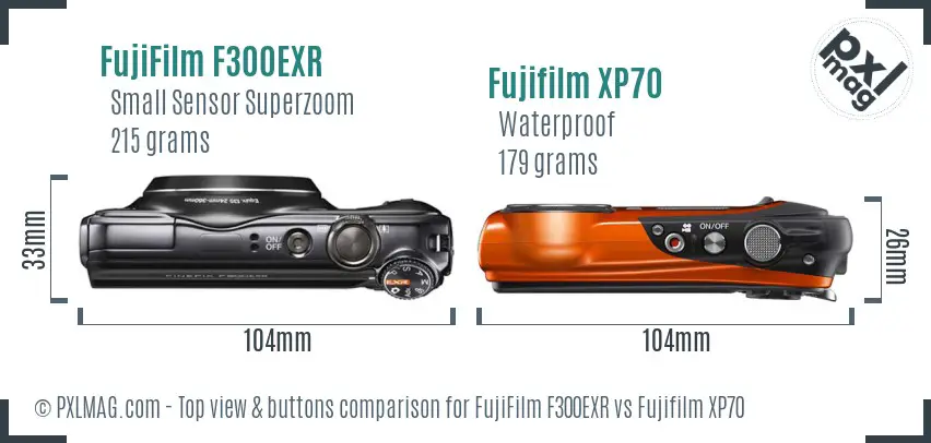 FujiFilm F300EXR vs Fujifilm XP70 top view buttons comparison