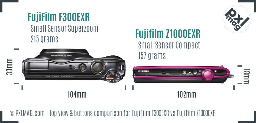 FujiFilm F300EXR vs Fujifilm Z1000EXR top view buttons comparison
