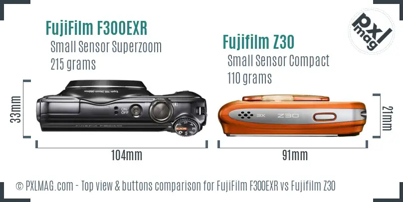 FujiFilm F300EXR vs Fujifilm Z30 top view buttons comparison
