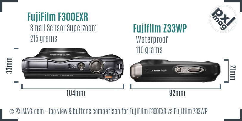FujiFilm F300EXR vs Fujifilm Z33WP top view buttons comparison