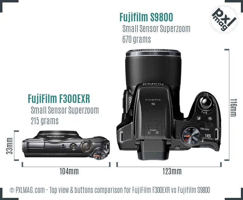 FujiFilm F300EXR vs Fujifilm S9800 top view buttons comparison