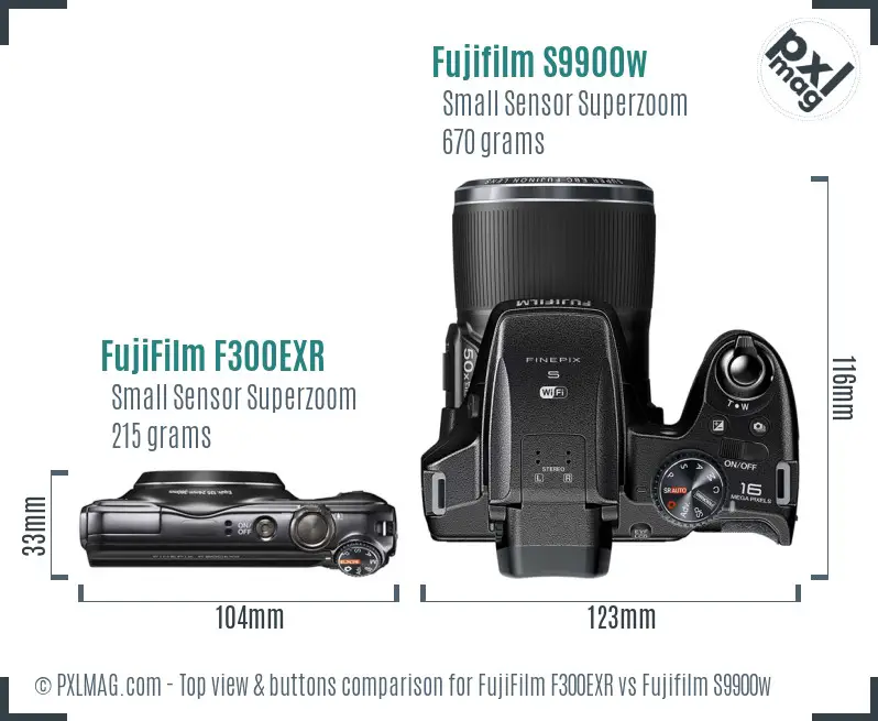 FujiFilm F300EXR vs Fujifilm S9900w top view buttons comparison