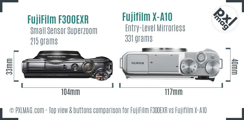 FujiFilm F300EXR vs Fujifilm X-A10 top view buttons comparison