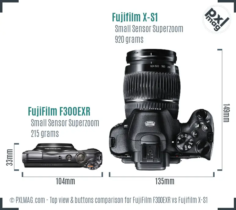 FujiFilm F300EXR vs Fujifilm X-S1 top view buttons comparison