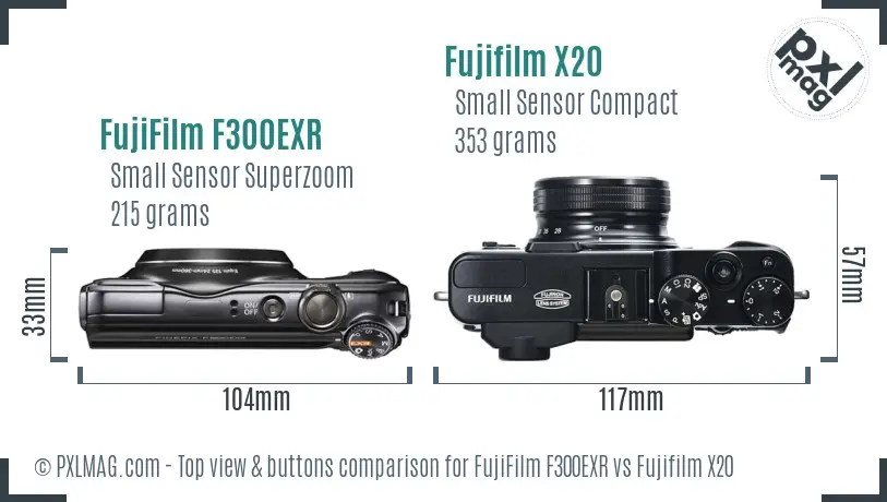 FujiFilm F300EXR vs Fujifilm X20 top view buttons comparison