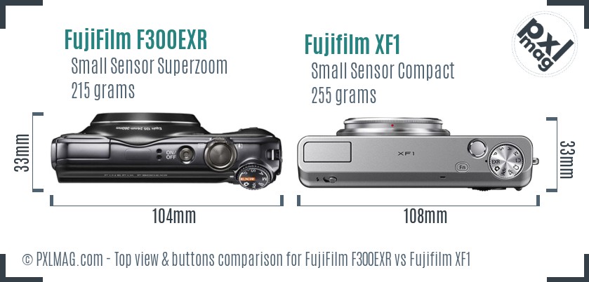 FujiFilm F300EXR vs Fujifilm XF1 top view buttons comparison