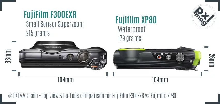 FujiFilm F300EXR vs Fujifilm XP80 top view buttons comparison FujiFilm F300EXR vs Fujifilm XP80 top view buttons comparison