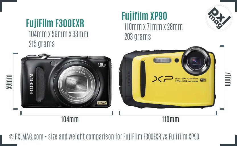 FujiFilm F300EXR vs Fujifilm XP90 size comparison FujiFilm F300EXR vs Fujifilm XP90 size comparison