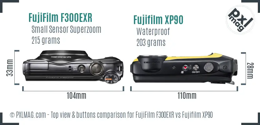 FujiFilm F300EXR vs Fujifilm XP90 top view buttons comparison FujiFilm F300EXR vs Fujifilm XP90 top view buttons comparison