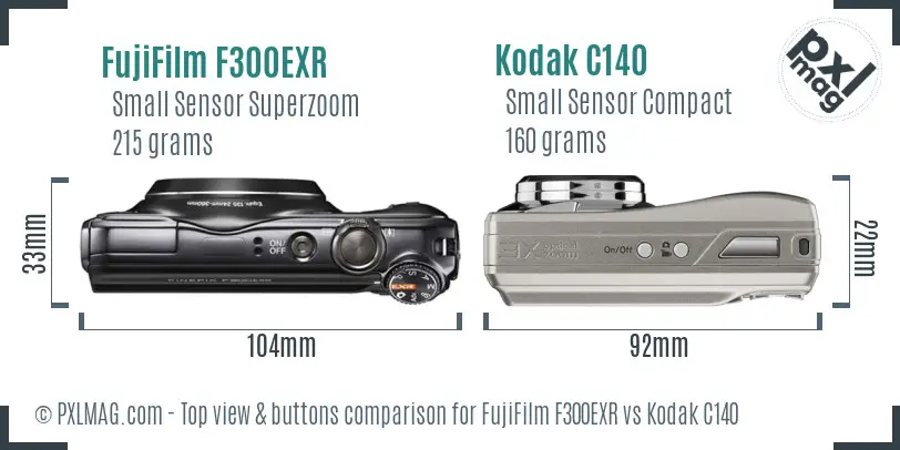 FujiFilm F300EXR vs Kodak C140 top view buttons comparison
