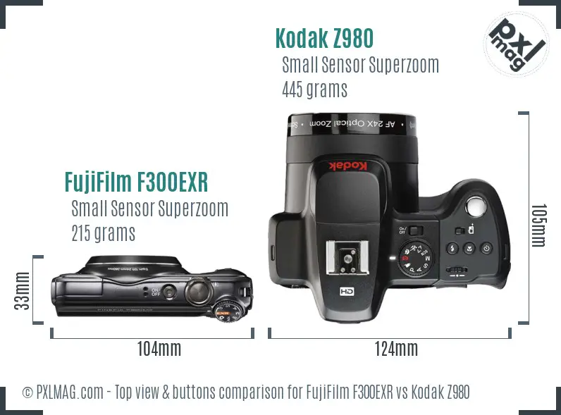 FujiFilm F300EXR vs Kodak Z980 top view buttons comparison