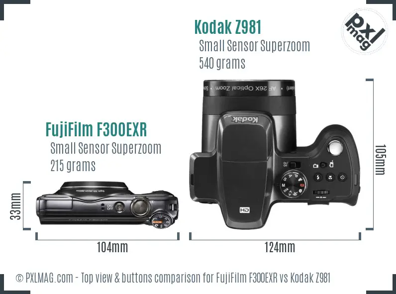 FujiFilm F300EXR vs Kodak Z981 top view buttons comparison