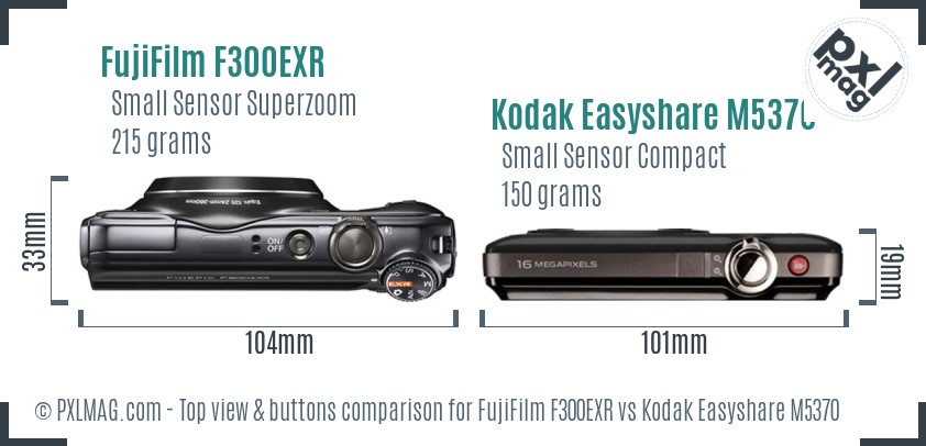 FujiFilm F300EXR vs Kodak Easyshare M5370 top view buttons comparison