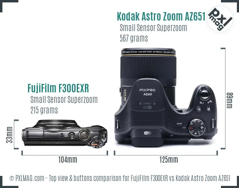 FujiFilm F300EXR vs Kodak Astro Zoom AZ651 top view buttons comparison