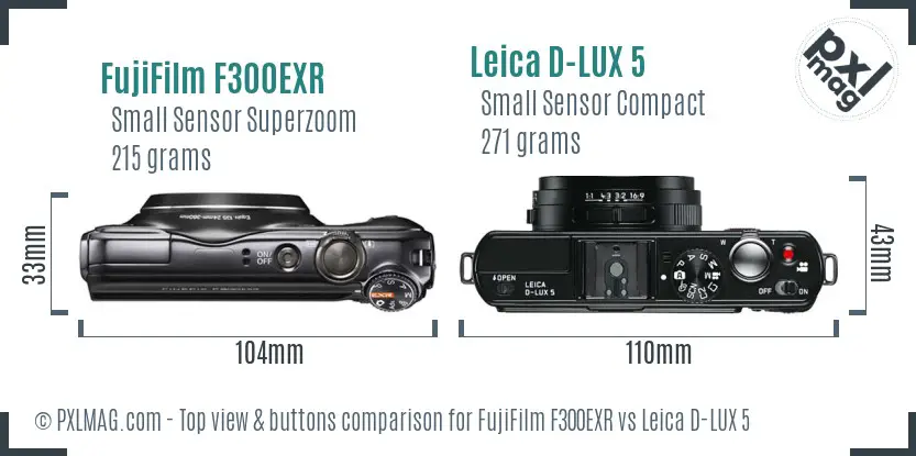 FujiFilm F300EXR vs Leica D-LUX 5 top view buttons comparison