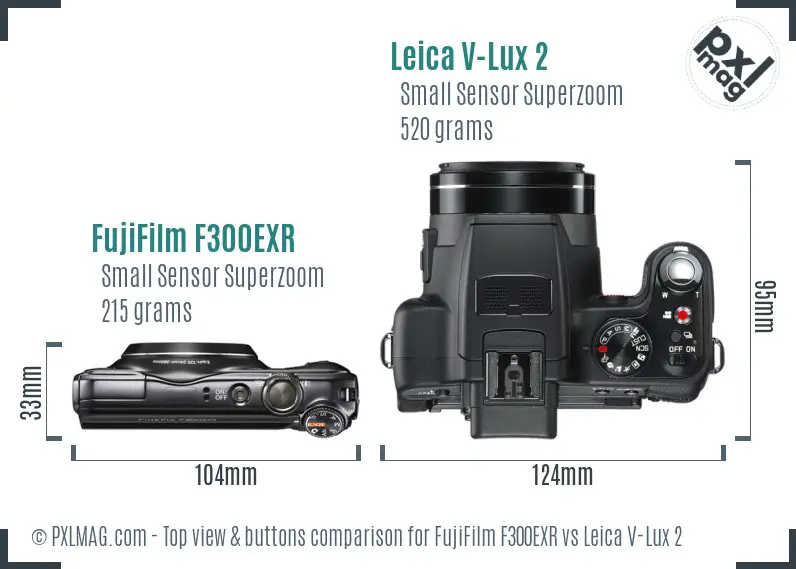 FujiFilm F300EXR vs Leica V-Lux 2 top view buttons comparison