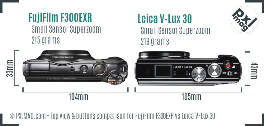 FujiFilm F300EXR vs Leica V-Lux 30 top view buttons comparison FujiFilm F300EXR vs Leica V-Lux 30 top view buttons comparison