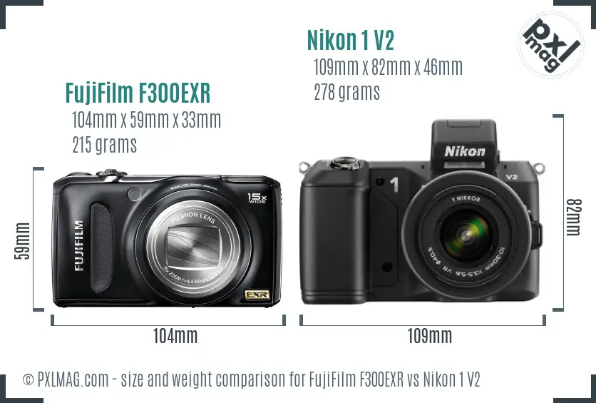 FujiFilm F300EXR vs Nikon 1 V2 size comparison