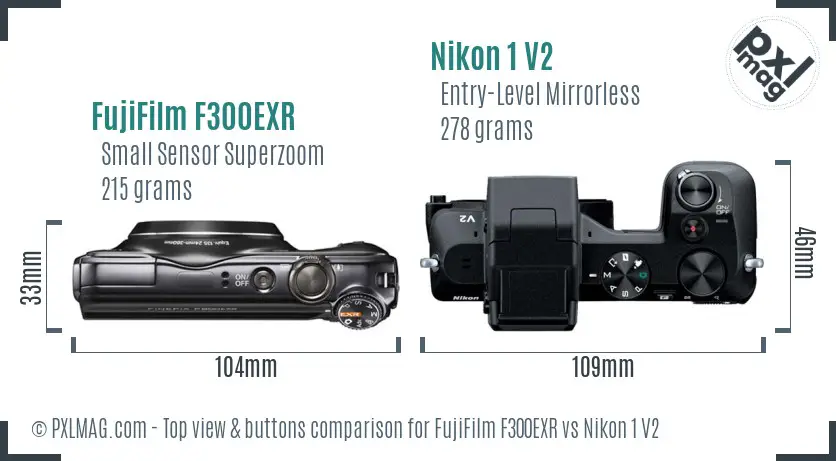 FujiFilm F300EXR vs Nikon 1 V2 top view buttons comparison