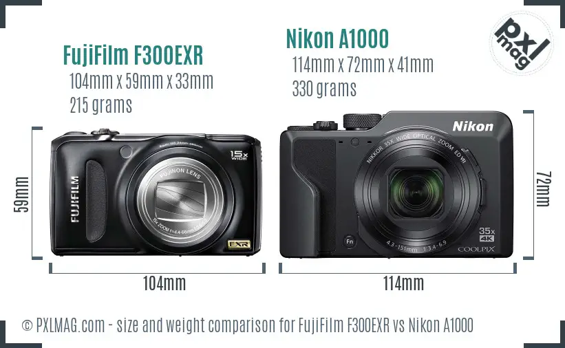 FujiFilm F300EXR vs Nikon A1000 size comparison