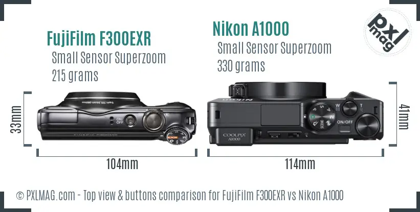 FujiFilm F300EXR vs Nikon A1000 top view buttons comparison
