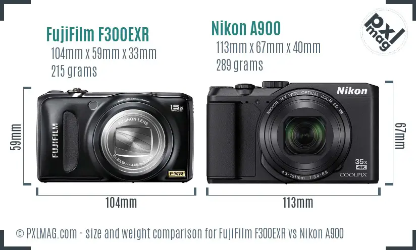 FujiFilm F300EXR vs Nikon A900 size comparison