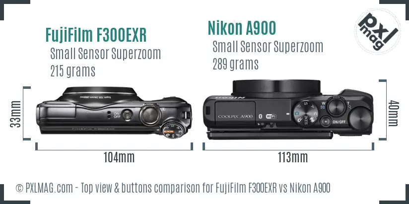 FujiFilm F300EXR vs Nikon A900 top view buttons comparison