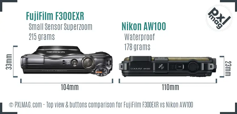FujiFilm F300EXR vs Nikon AW100 top view buttons comparison FujiFilm F300EXR vs Nikon AW100 top view buttons comparison