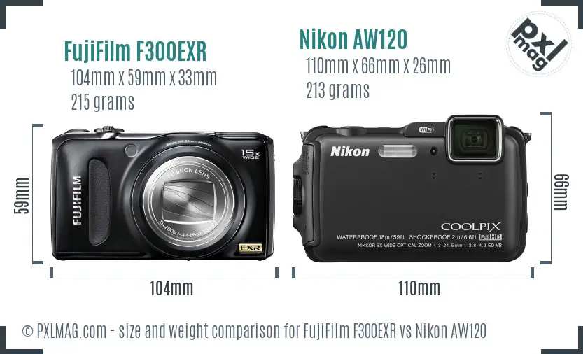 FujiFilm F300EXR vs Nikon AW120 size comparison