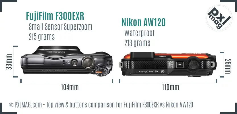 FujiFilm F300EXR vs Nikon AW120 top view buttons comparison