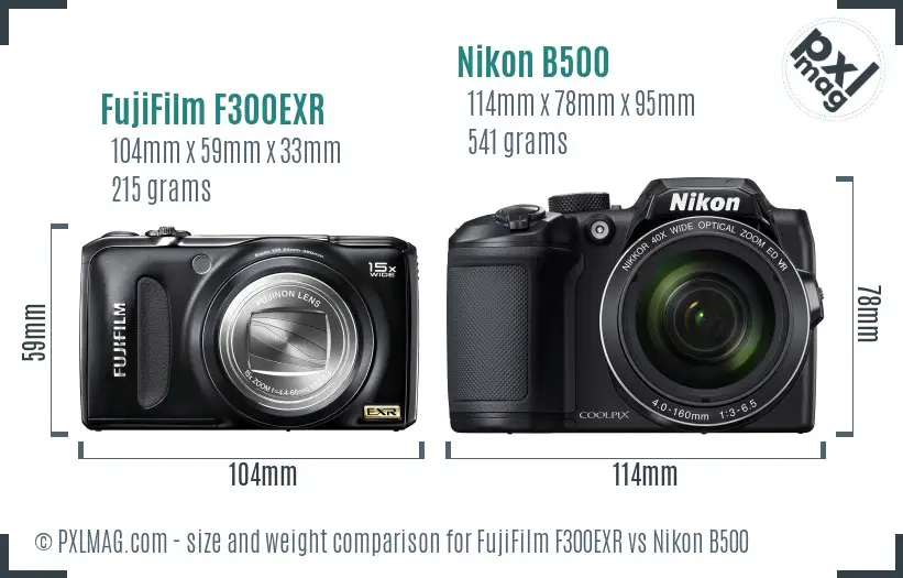 FujiFilm F300EXR vs Nikon B500 size comparison