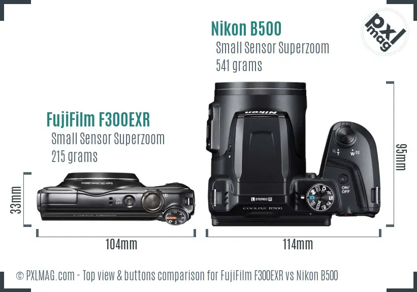 FujiFilm F300EXR vs Nikon B500 top view buttons comparison