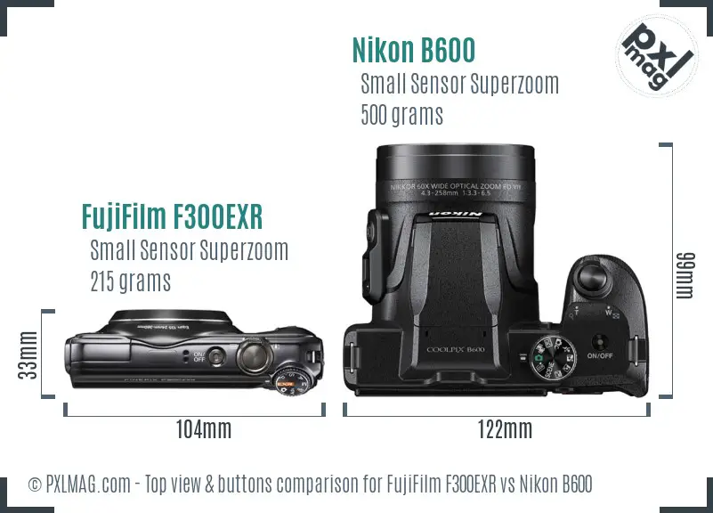 FujiFilm F300EXR vs Nikon B600 top view buttons comparison