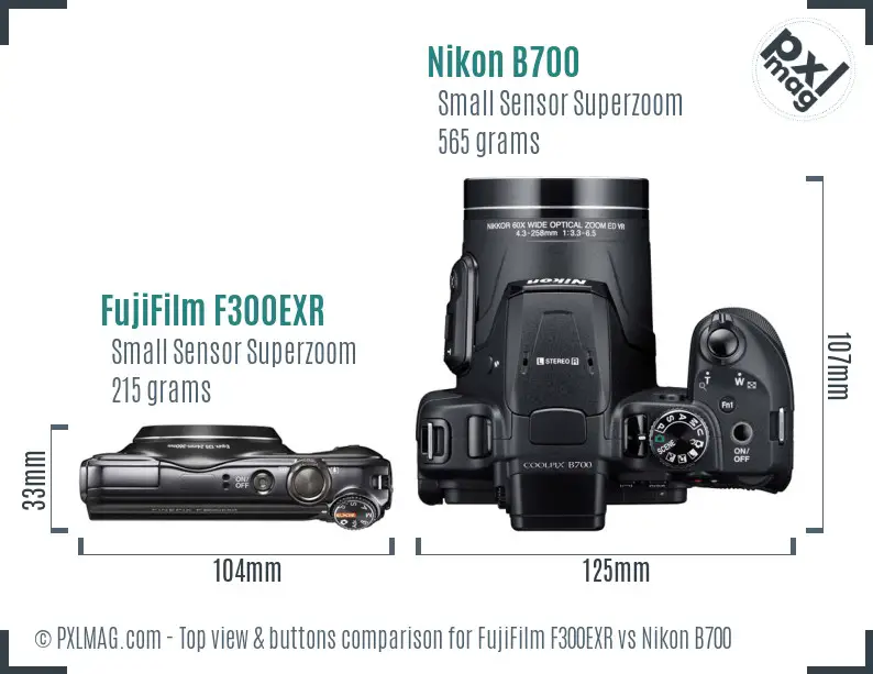 FujiFilm F300EXR vs Nikon B700 top view buttons comparison