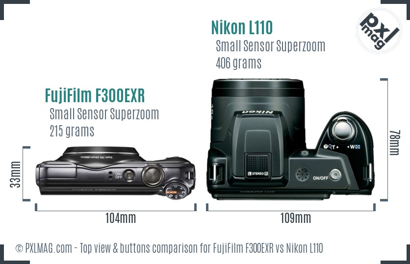 FujiFilm F300EXR vs Nikon L110 top view buttons comparison