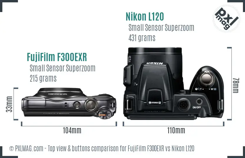 FujiFilm F300EXR vs Nikon L120 top view buttons comparison